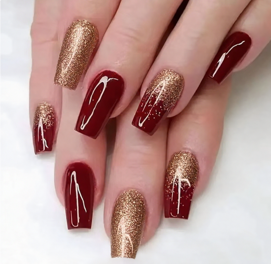 Burgundy and gold-look press-on nails, style Y085