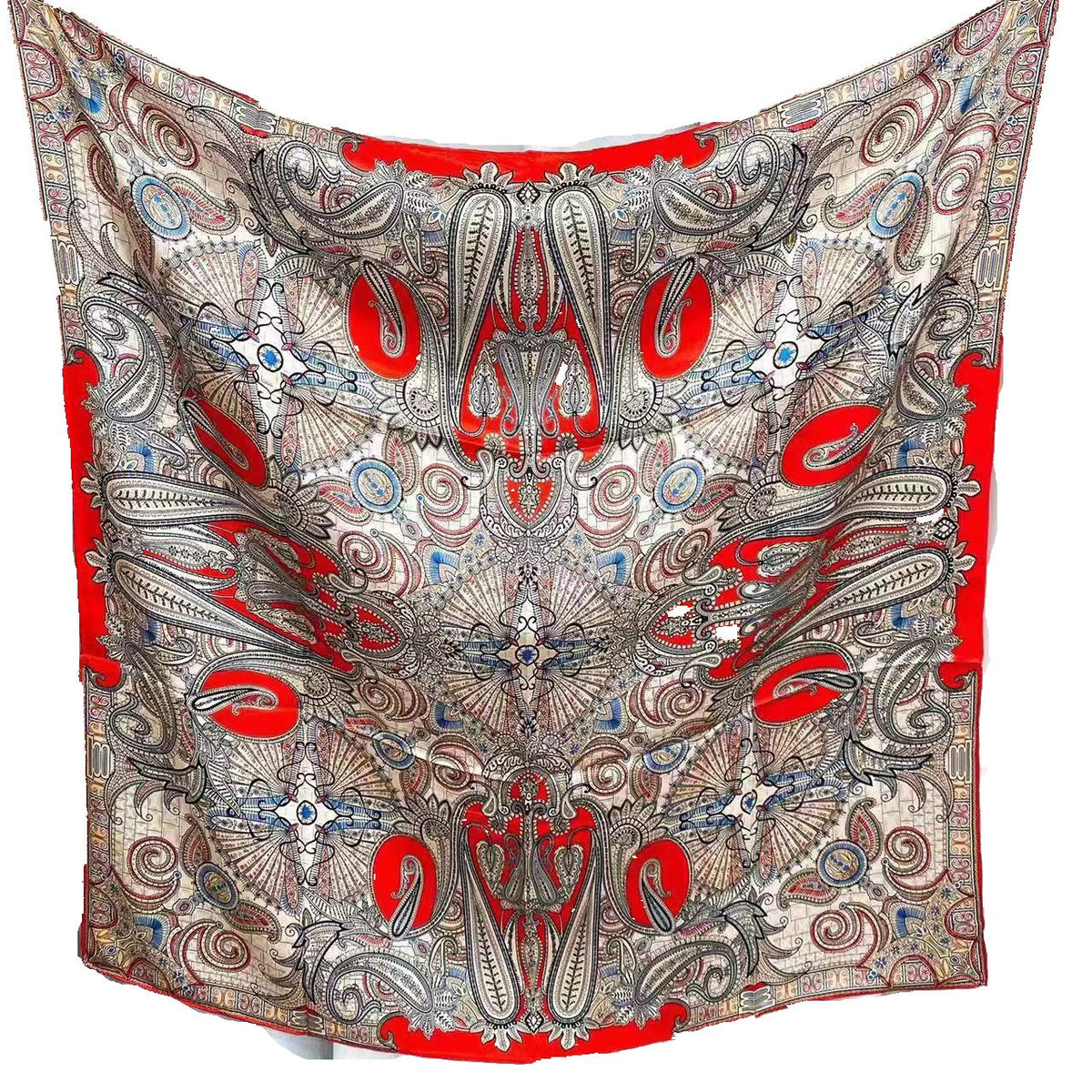 Red paisley and medallion print on a 105 cm square mulberry silk scarf