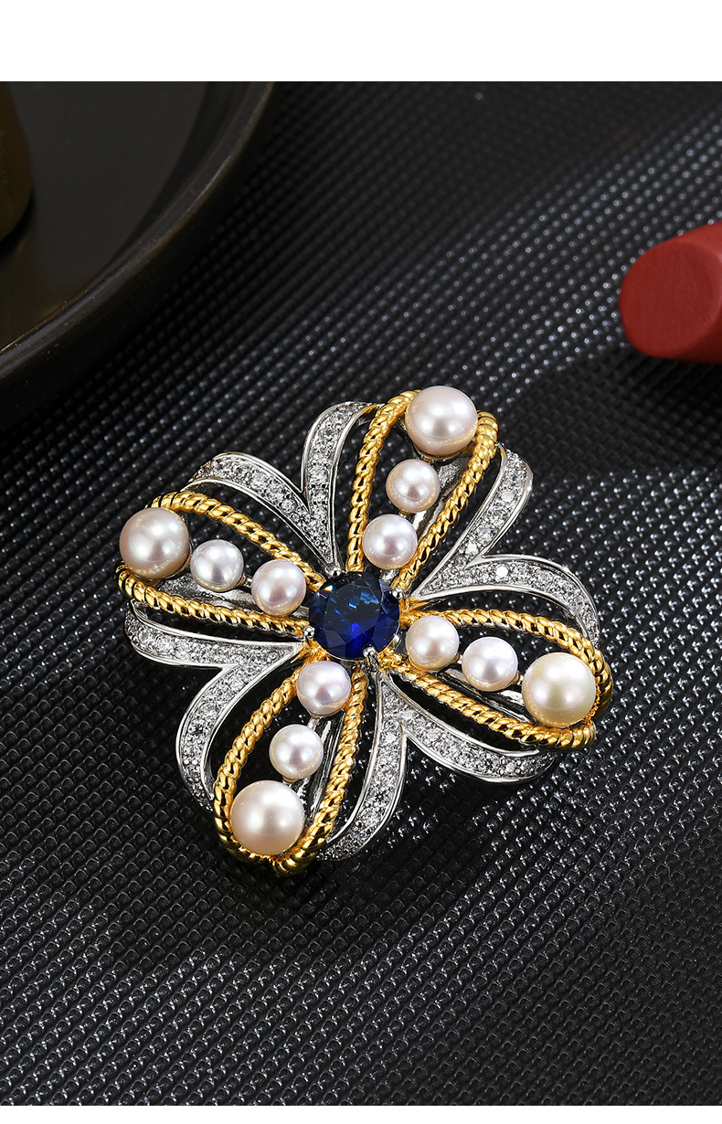 Two-Tone Freshwater Pearl Flower Brooch Pin with Blue Crystal Center