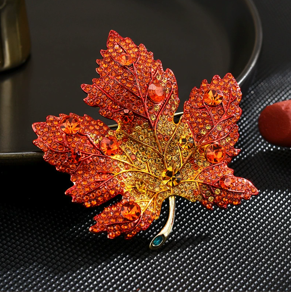 Red maple leaf brooch pin with crystal rhinestones, front view