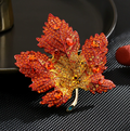 Red maple leaf brooch pin with crystal rhinestones, front view