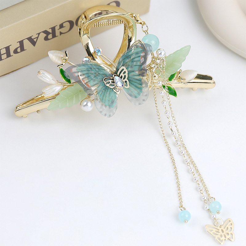 Vintage embroidered butterfly hair claw clip with pearl tassel