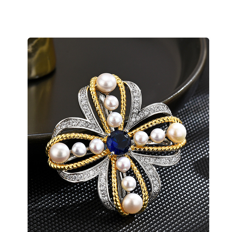 Two-Tone Freshwater Pearl Flower Brooch Pin with Blue Crystal Center