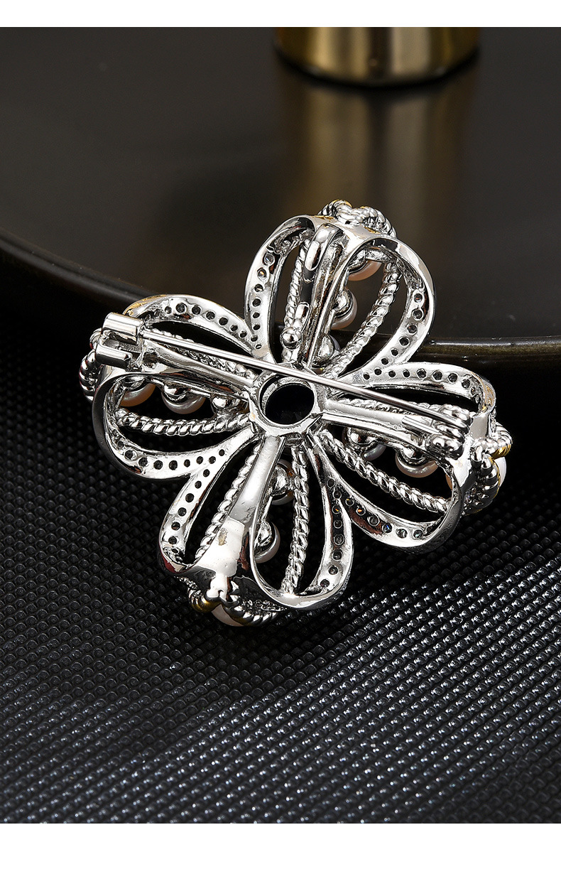 Two-Tone Freshwater Pearl Flower Brooch Pin with Blue Crystal Center