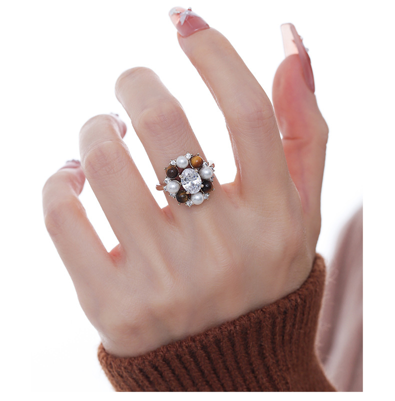 Tiger's Eye Flower Cluster Ring – Antique Bronze Pearl & Zircon Ring