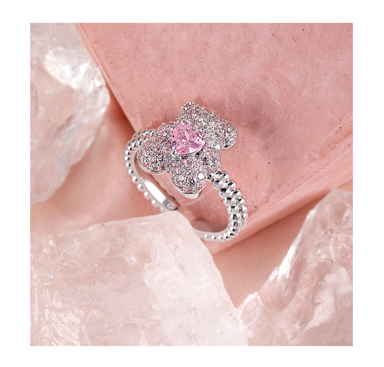 Teddy Bear Heart Ring – Cute Pink Enamel & Zircon Animal Ring