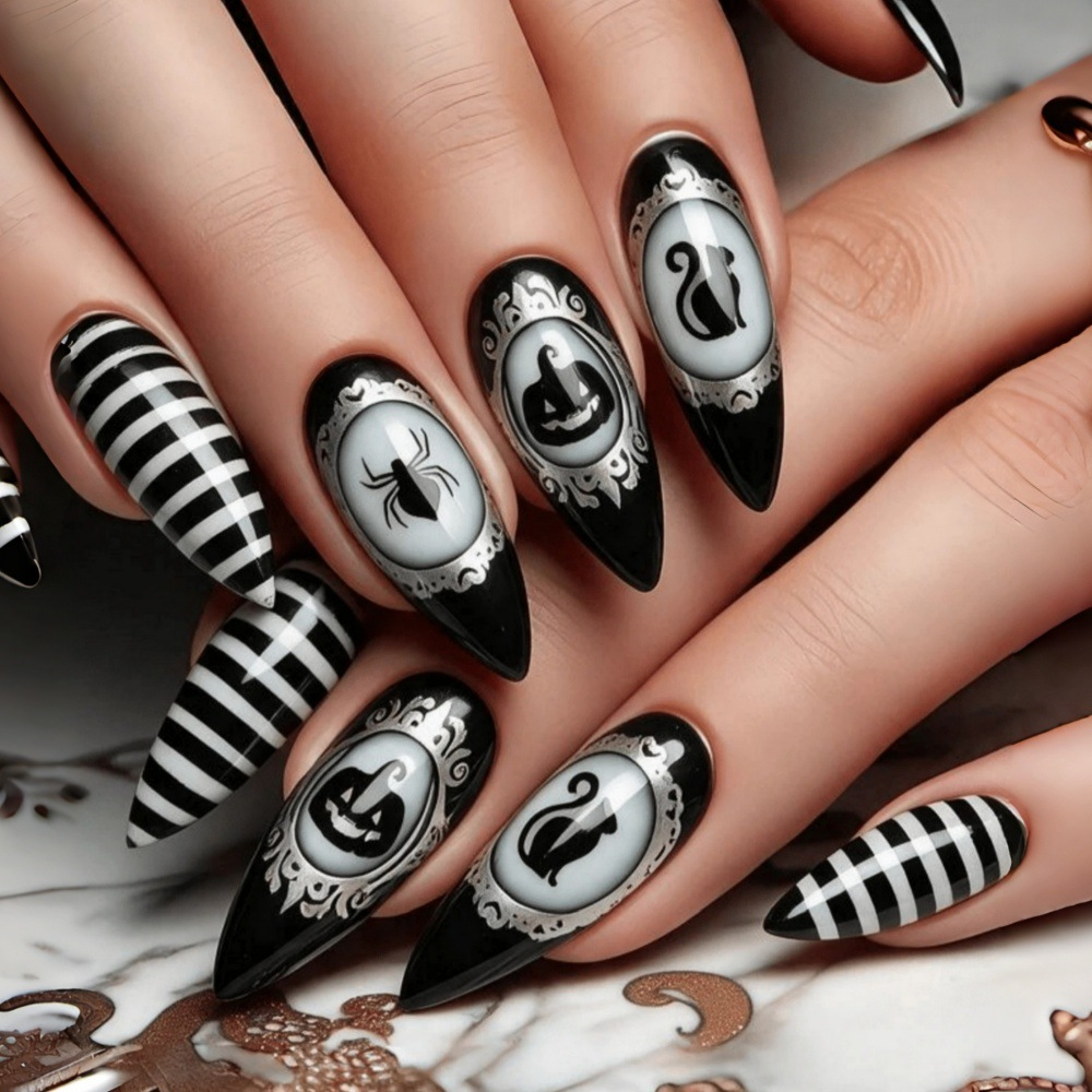 Halloween Gothic Press-On Nails – Black White Striped Cameo Almond Set