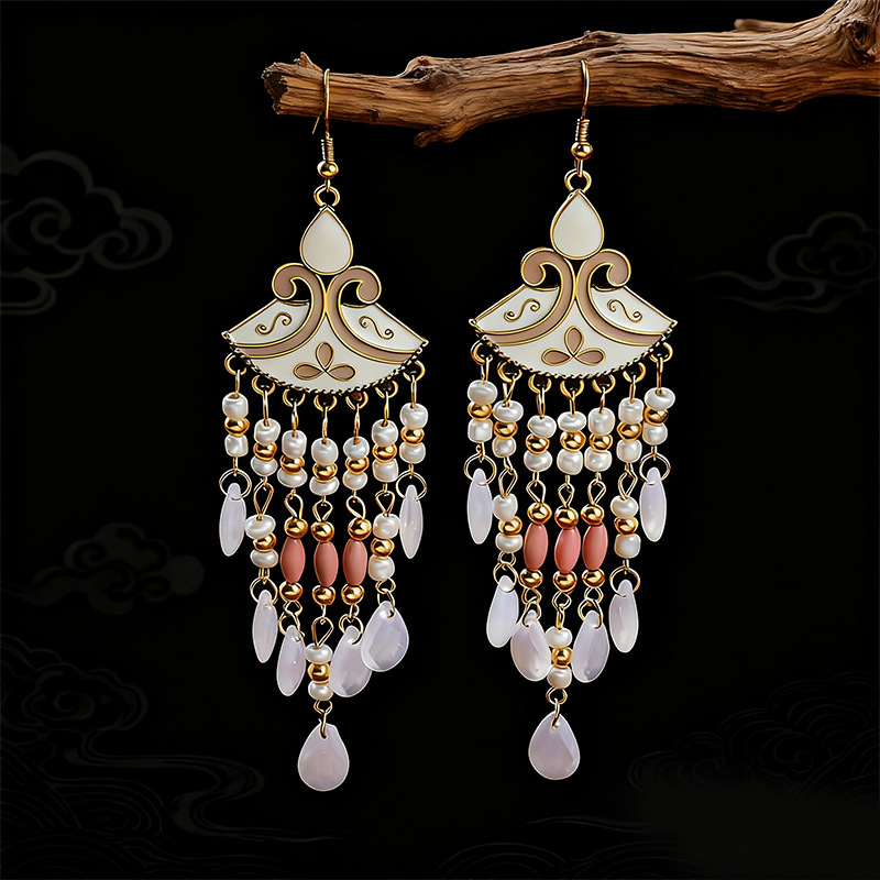 Bohemian Beaded Fringe Earrings – Enamel Fan Drop Earrings in 7 Colors