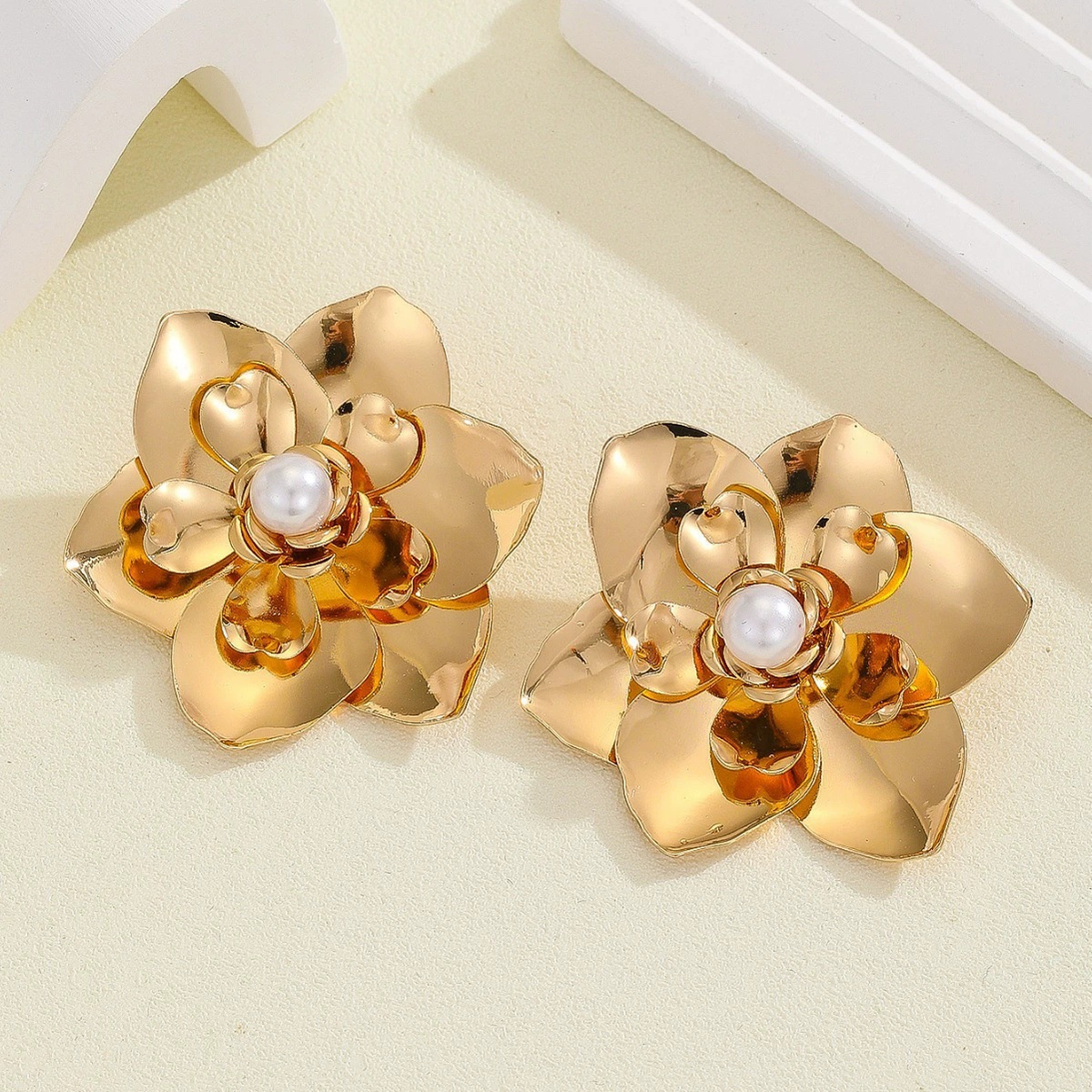 Gold Flower Stud Earrings – Crystal & Pearl Floral Statement Studs