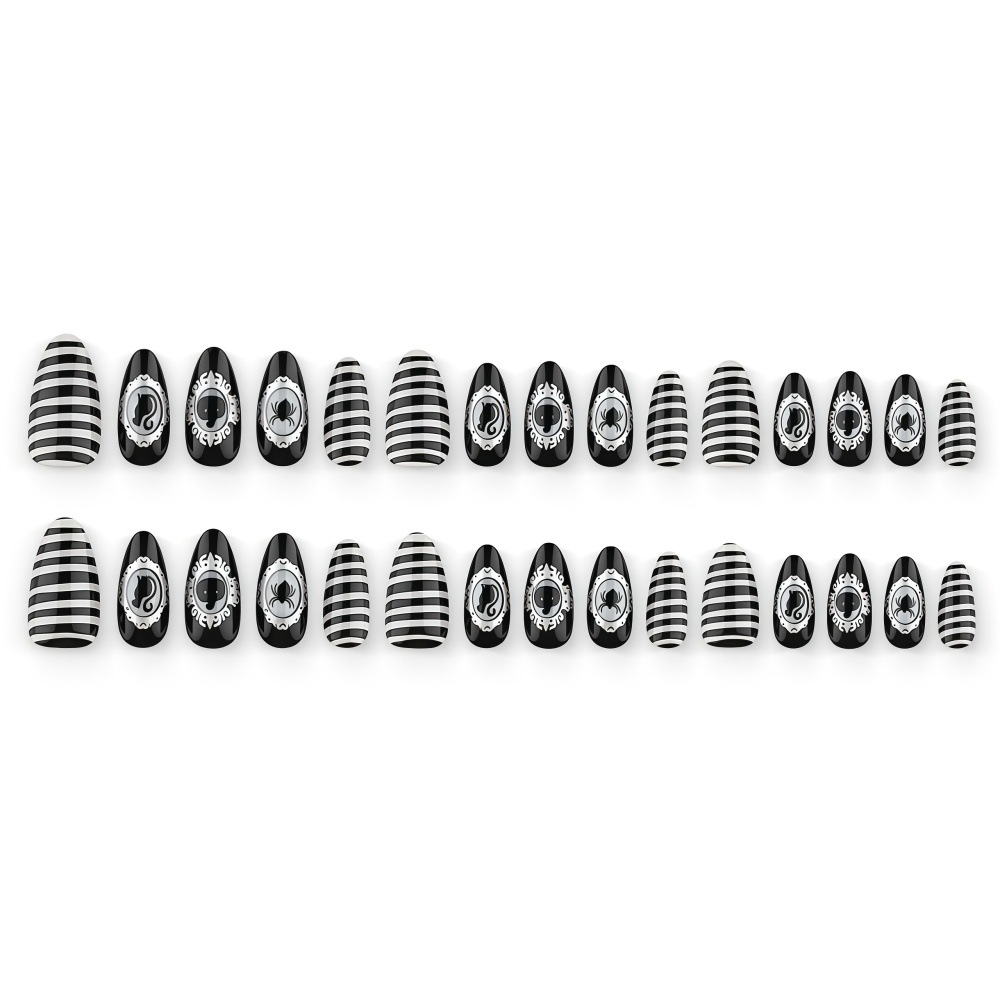 Halloween Gothic Press-On Nails – Black White Striped Cameo Almond Set