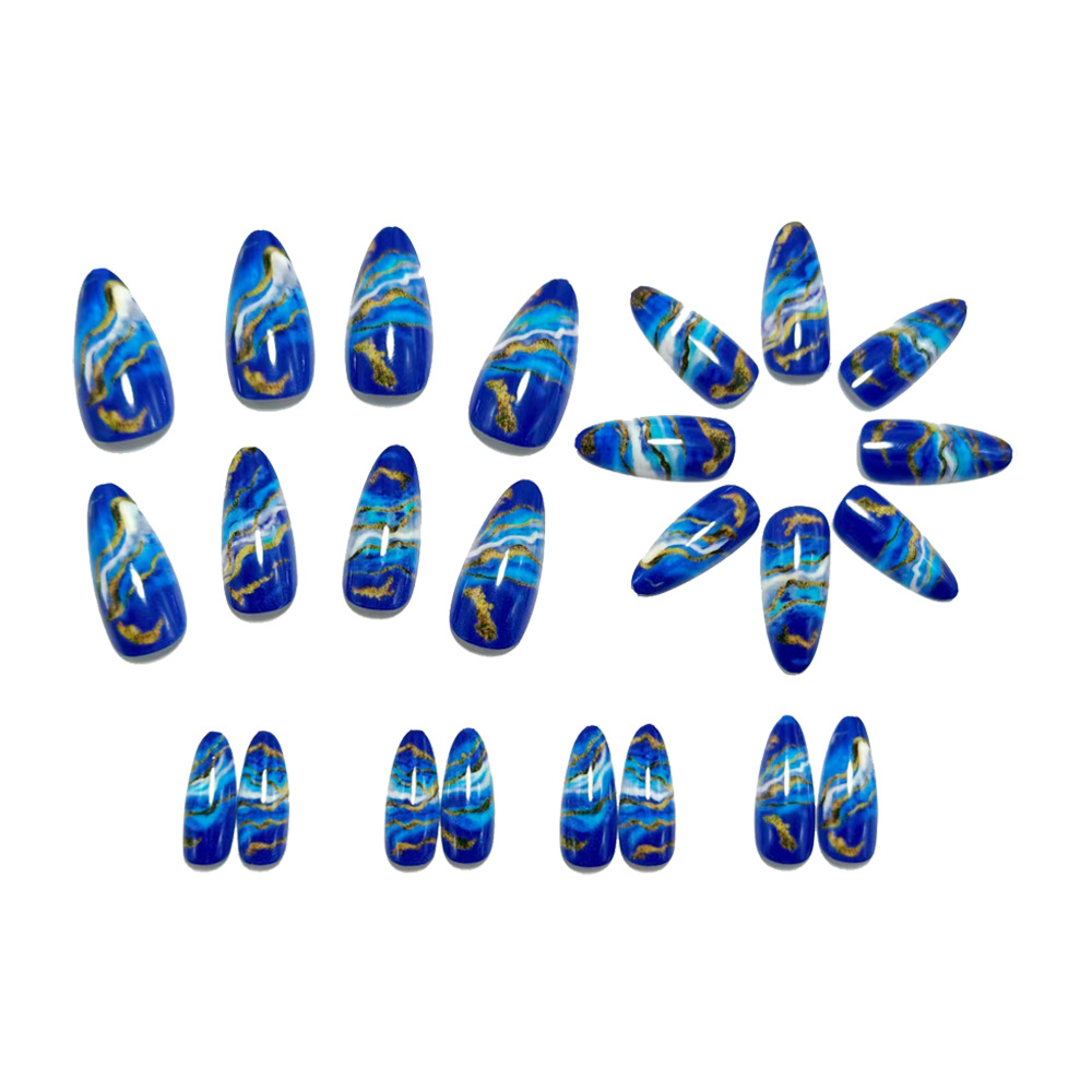 Ocean Blue Marble Press-On Nails – Deep Blue Gold Vein Almond Set, 24Pcs Fake Nails