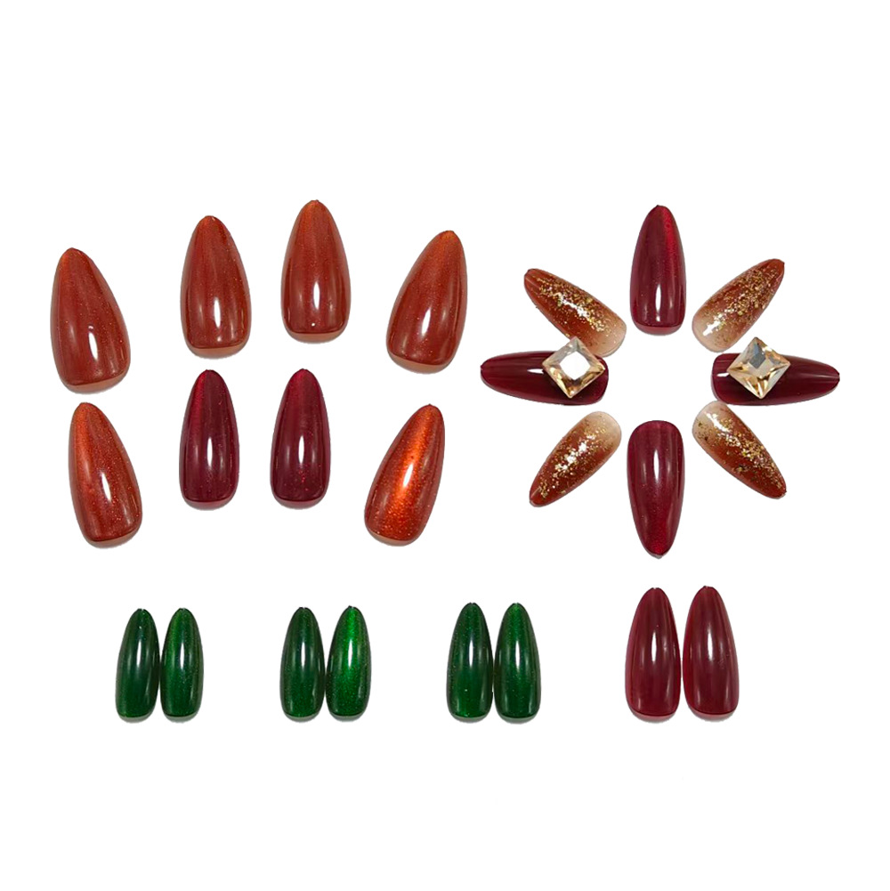 Cat-Eye Gemstone Press-On Nails – Sweet Red Green Almond Set, 24Pcs Crystal Accent Fake Nails