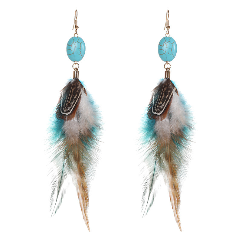 Textured Stone Feather Earrings – Boho Drop Earrings in Black & Lake Blue