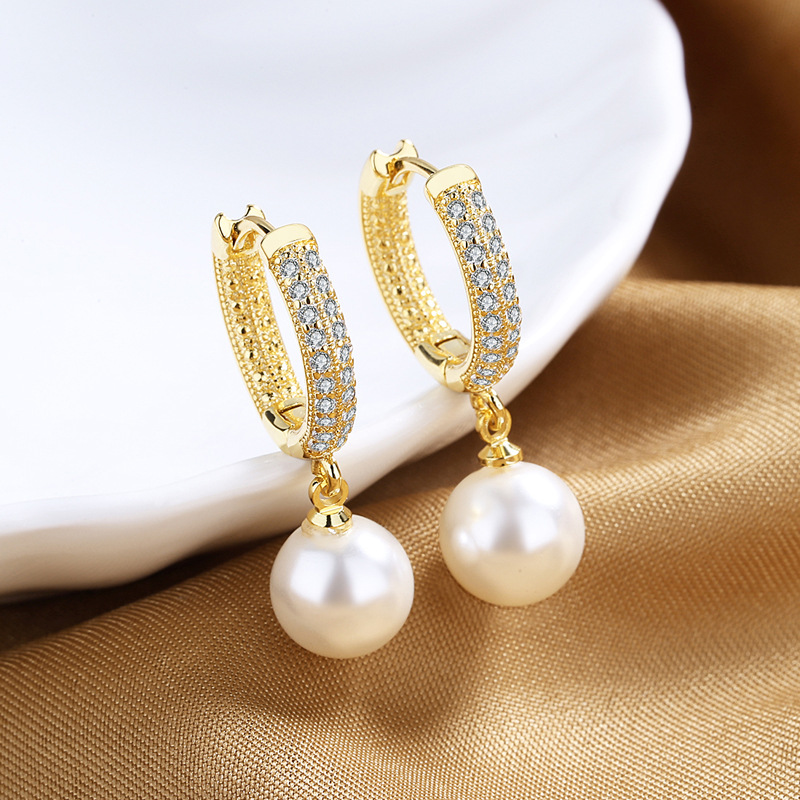 Crystal Pearl Hoop Earrings – Pavé Hoop Drop Earrings with Pearl Dangle