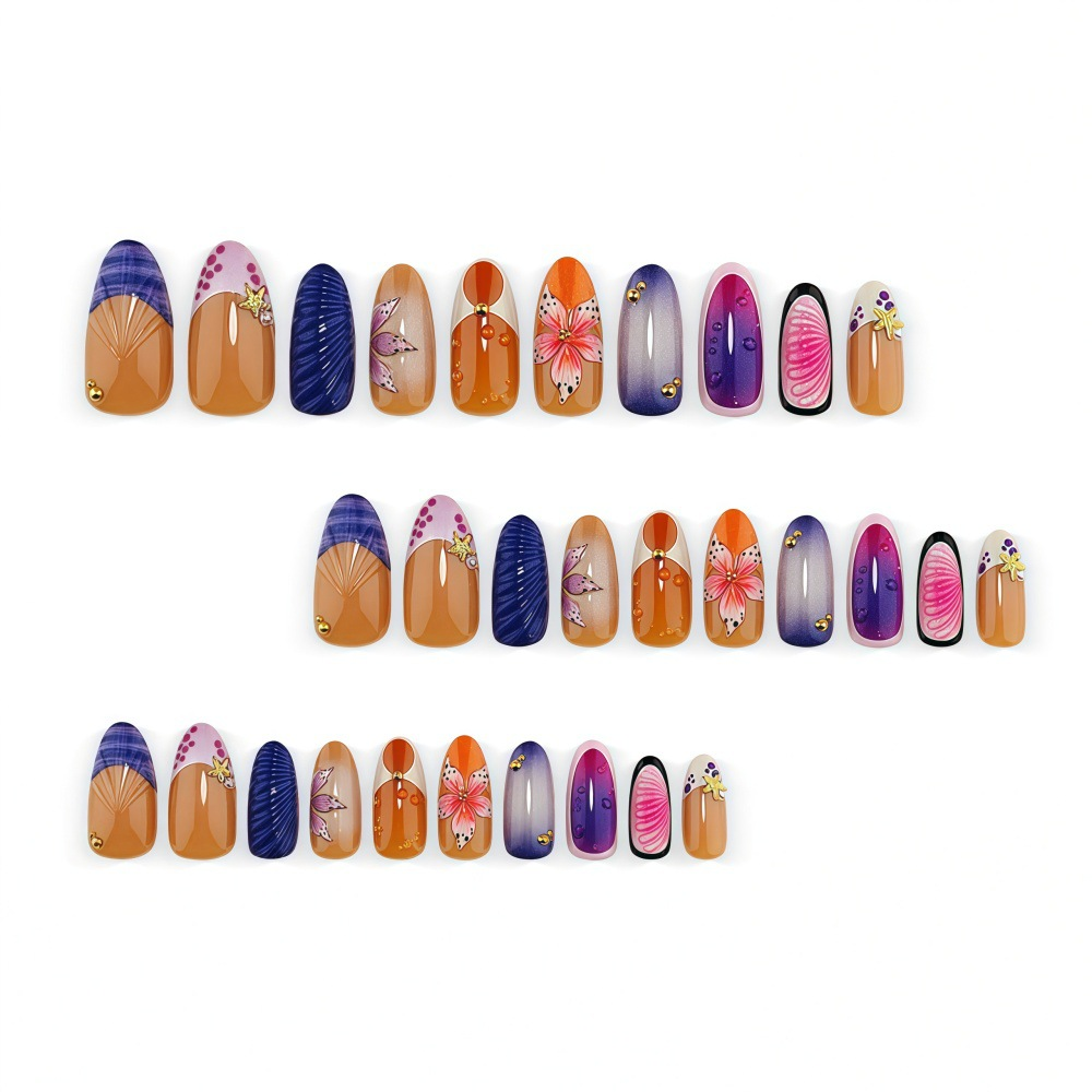 3D Floral Press-On Nails – Retro French Shell Texture Long Almond Ombre Set