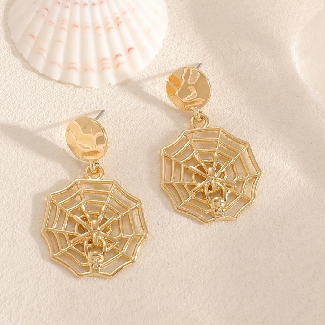 Spiderweb Halloween Earrings – Gold Spider & Skull Dangle Studs