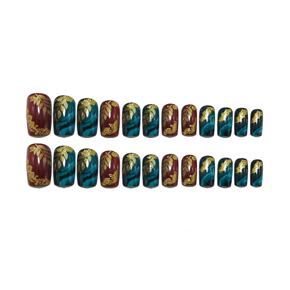 Vintage Gold Leaf Press-On Nails – Green Burgundy Marble Set, 24Pcs Square Fake Nails