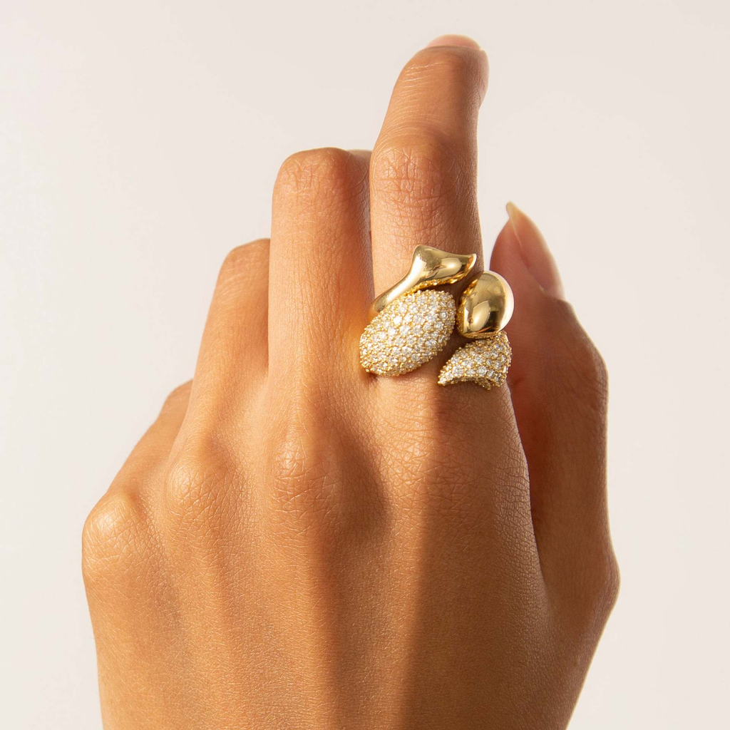 Gold Teardrop Bypass Ring – Pavé Zircon & Polished Hug Ring