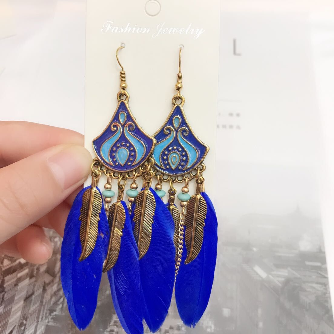 Bohemian Feather Earrings – Gold-Tone Enamel Chandelier Drop Earrings