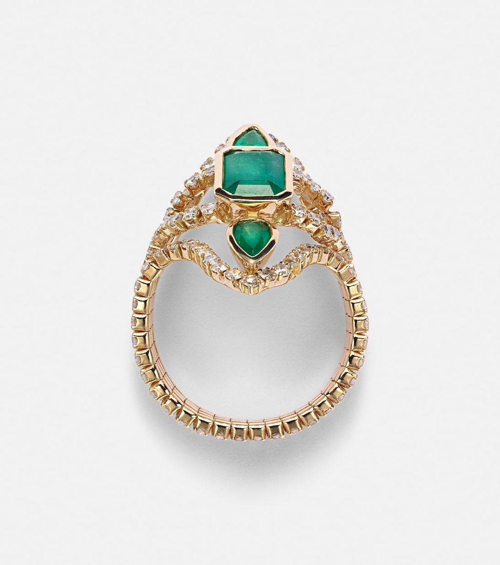 Emerald Green Zircon Ring – Vintage Gold V-Band Statement Ring