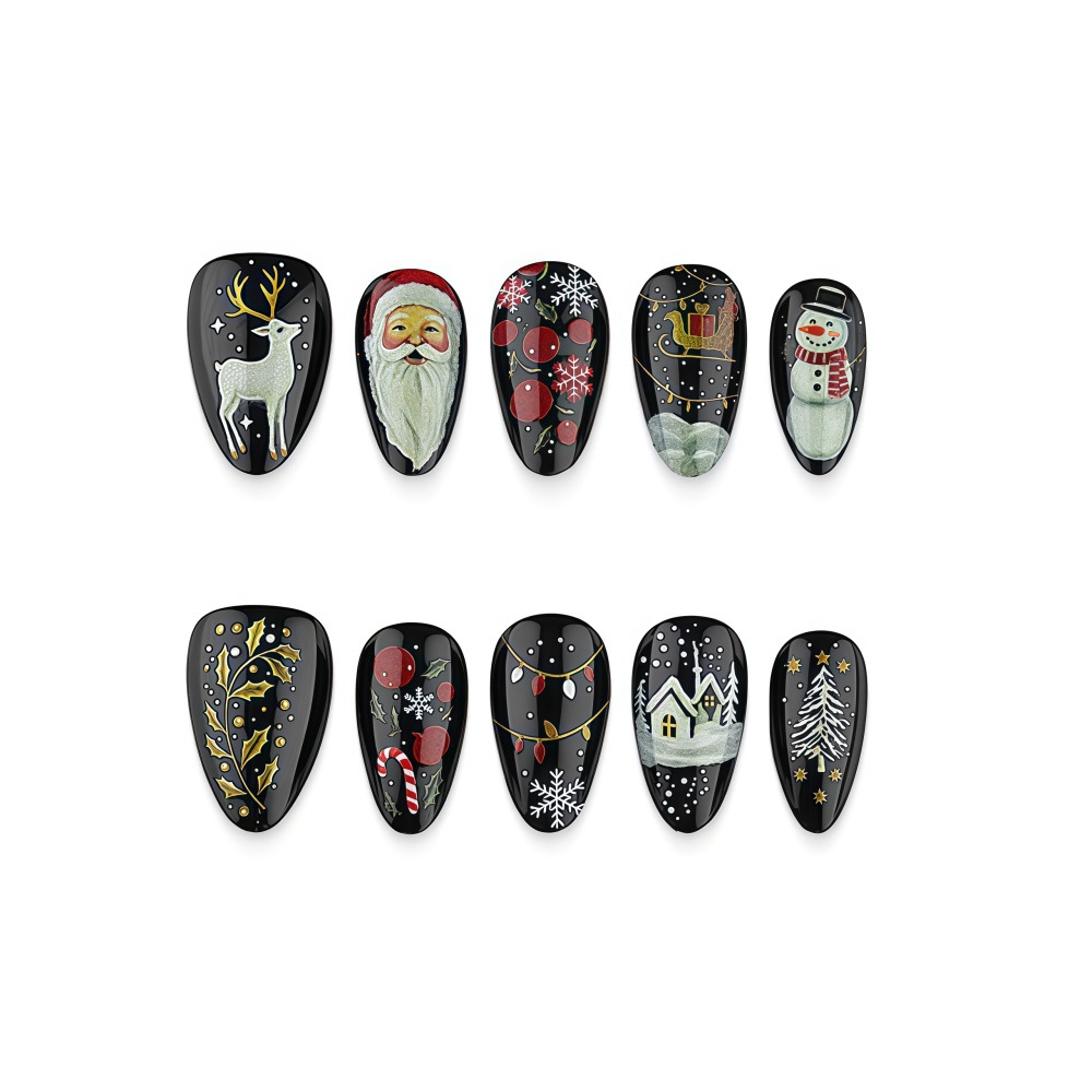 Vintage Black Gold Christmas Press-On Nails – Santa Snowman Reindeer Almond Set