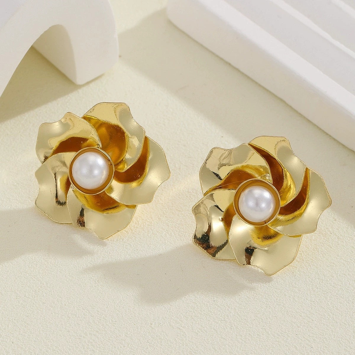 Gold Flower Stud Earrings – Crystal & Pearl Floral Statement Studs