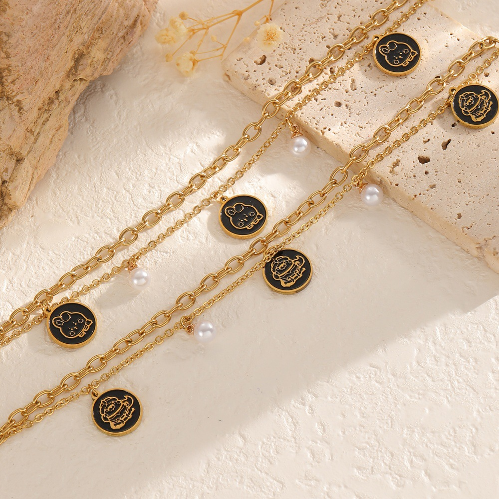 Cartoon Coin Charm Bracelet – Gold Double-Chain with Pearls
