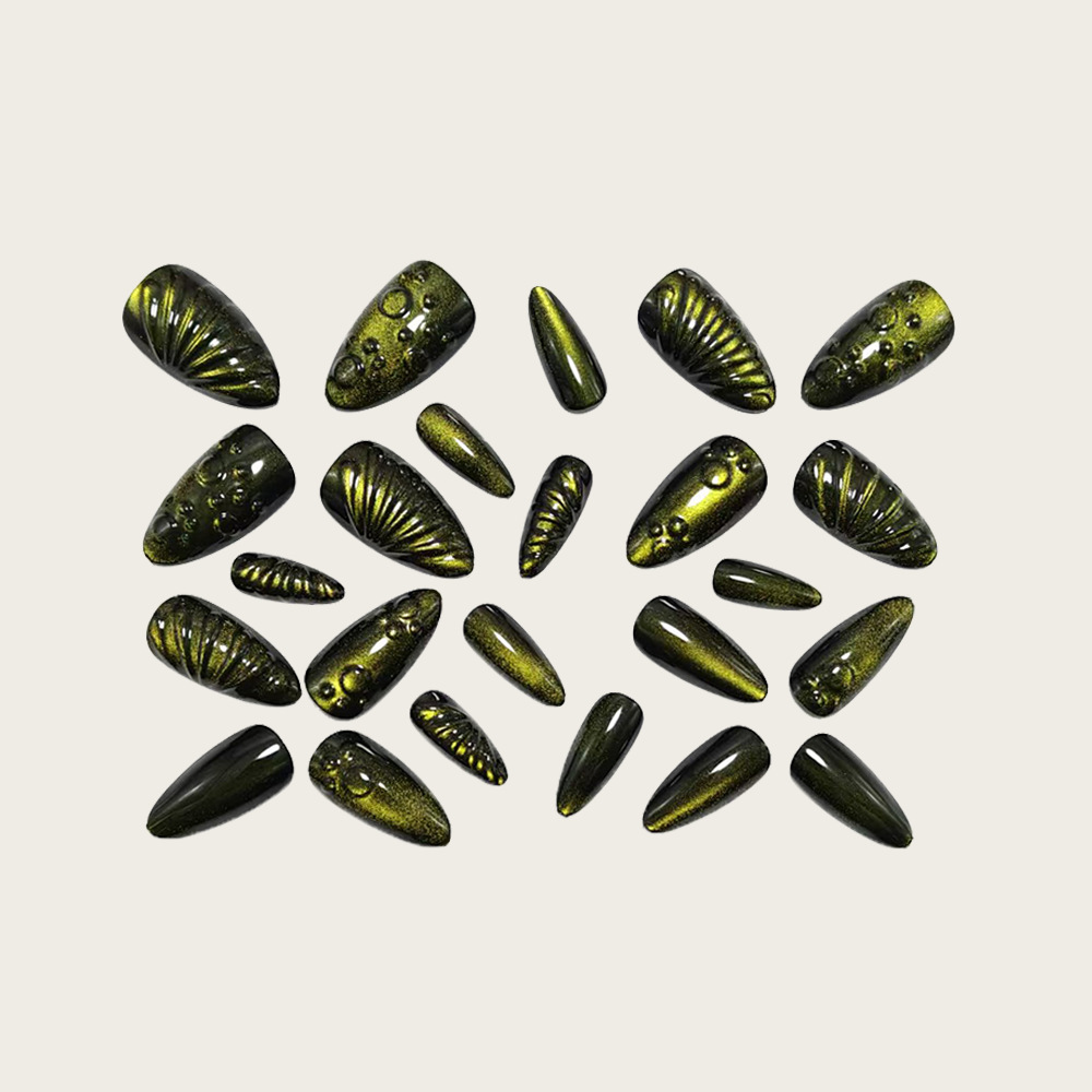Green Cat-Eye Press-On Nails – 3D Shell Texture Almond Set