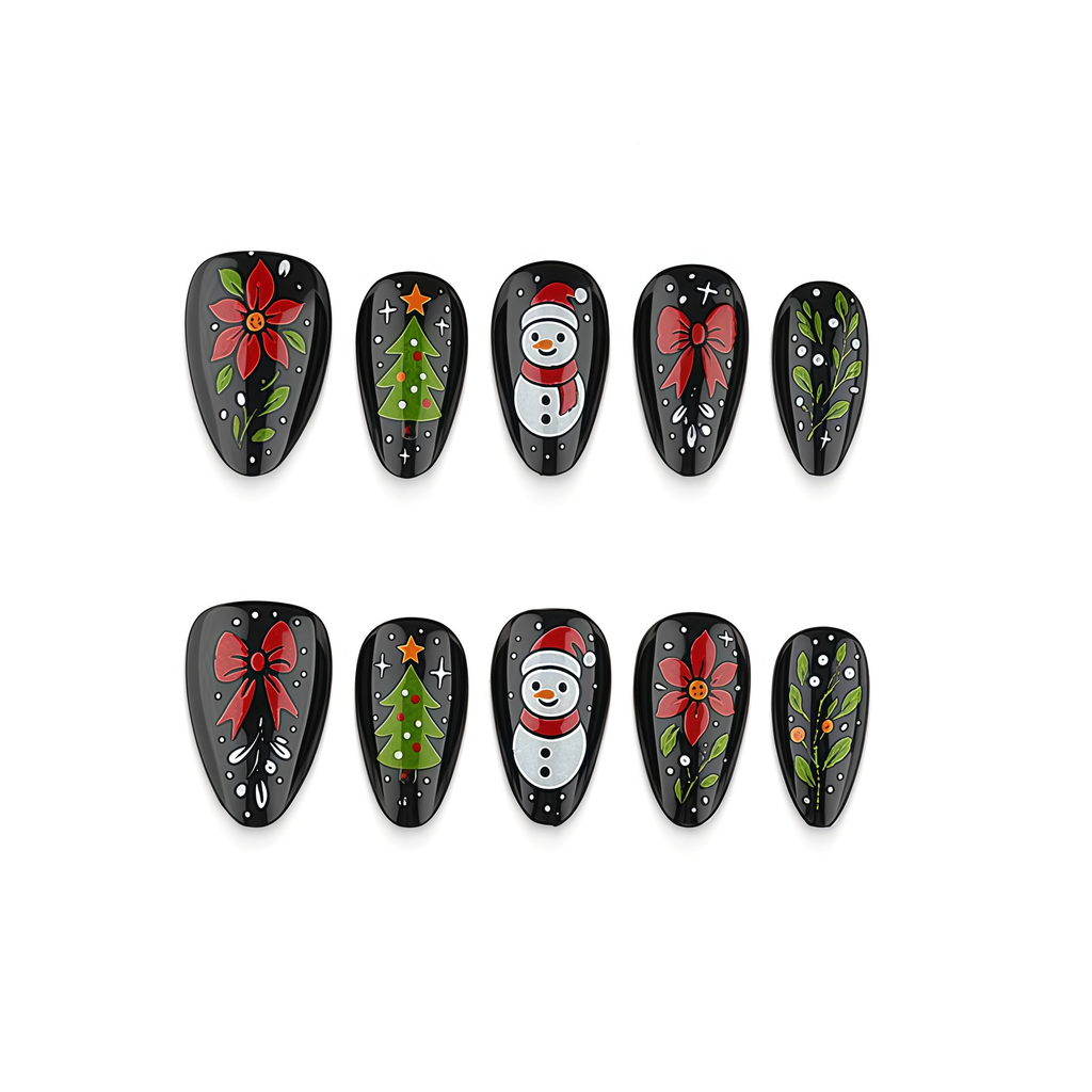 Vintage Christmas Press-On Nails – Snowman, Red Bow & Poinsettia, 30Pcs Black Almond Fake Nails