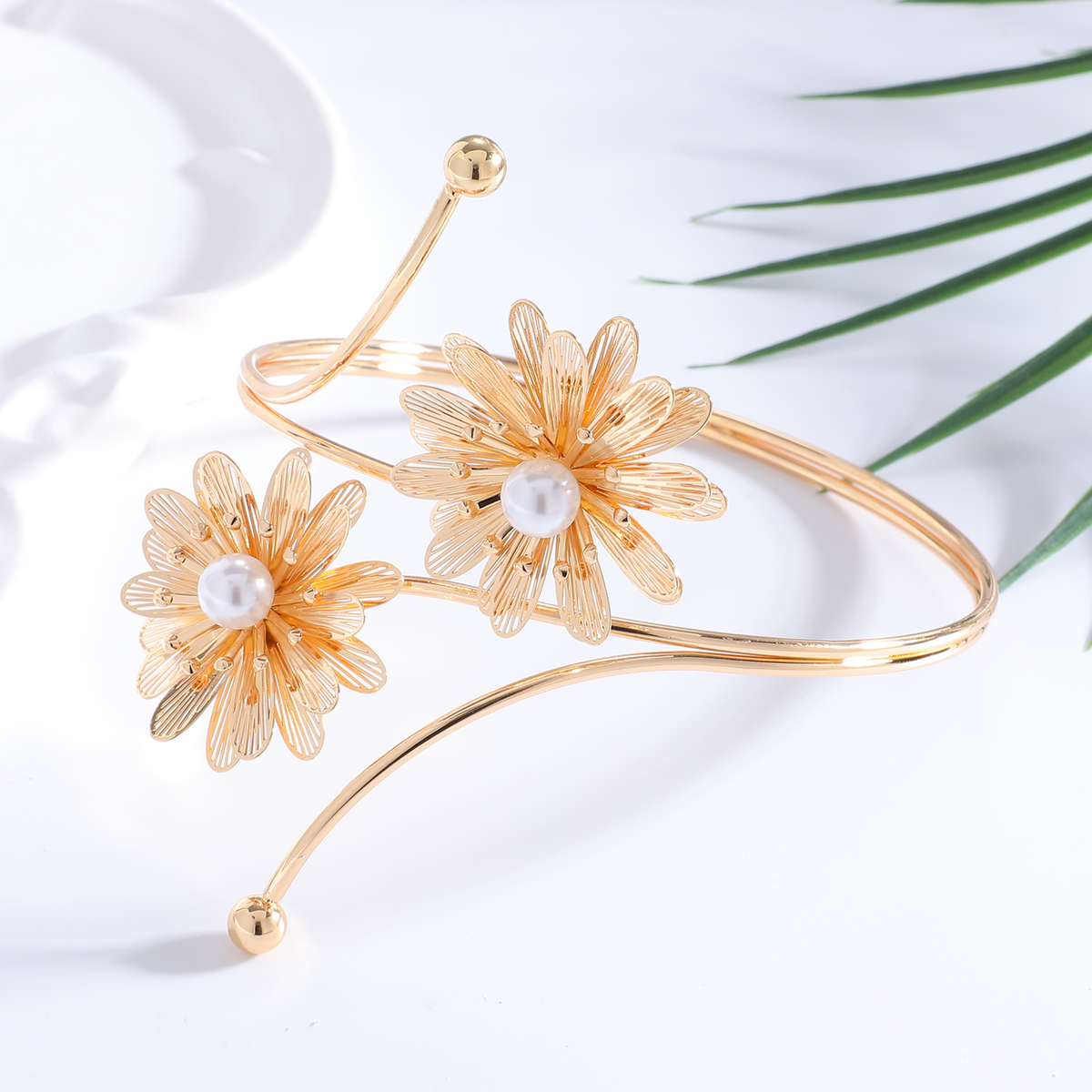 Flower Pearl Cuff Bracelet – Gold Open Bangle with Daisy Blossoms