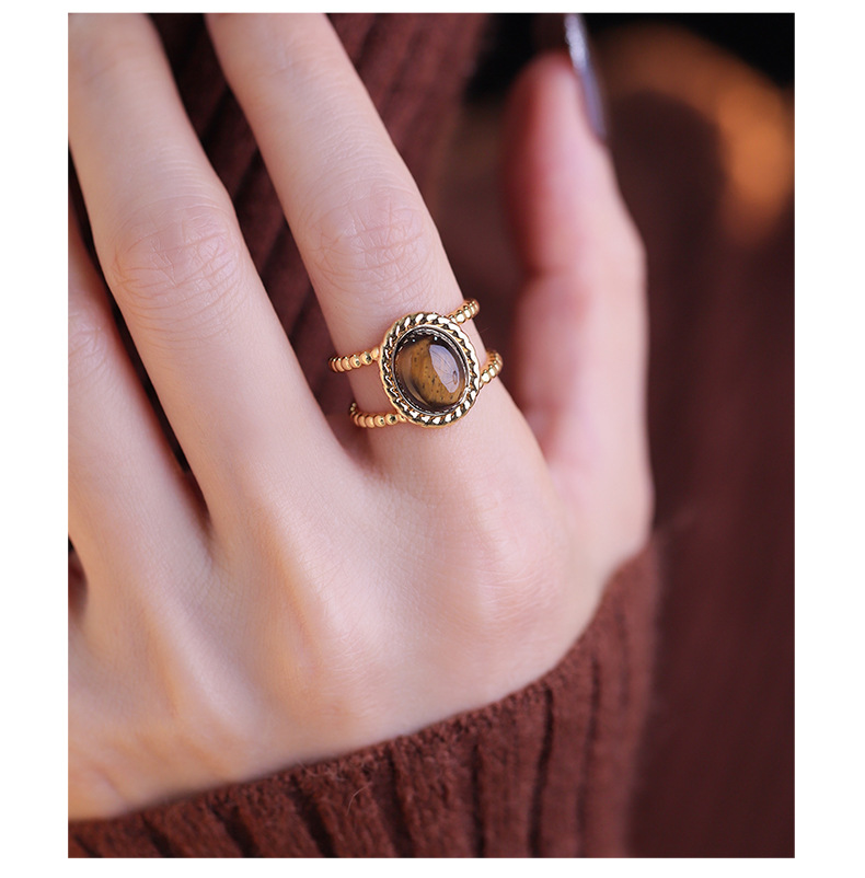 Tiger's Eye Oval Ring – Gold Twisted Rope Adjustable Band Ring for Women