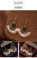 Bohemian Pearl Tassel Earrings – Gold-Tone Green Crystal Flower Drop Earrings