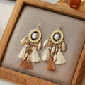 Bohemian Circle Tassel Earrings – Gold Leaf & Enamel Drop Earrings