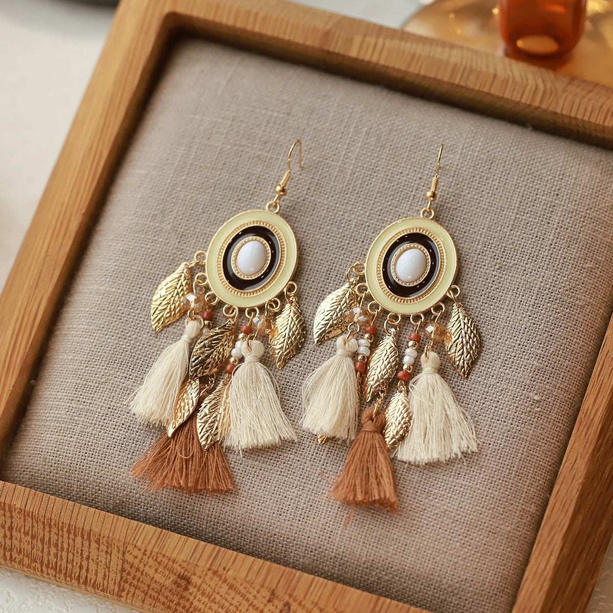 Bohemian Circle Tassel Earrings – Gold Leaf & Enamel Drop Earrings