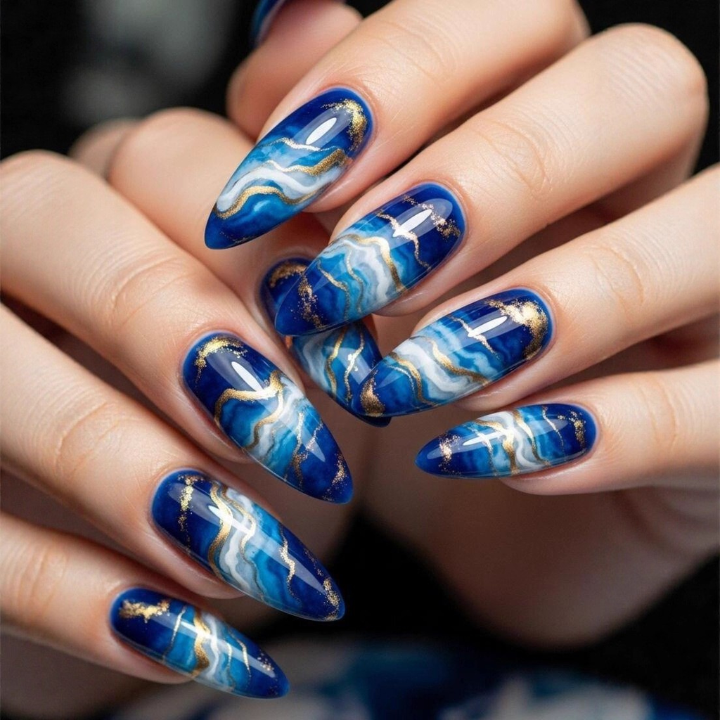 Ocean Blue Marble Press-On Nails – Deep Blue Gold Vein Almond Set, 24Pcs Fake Nails