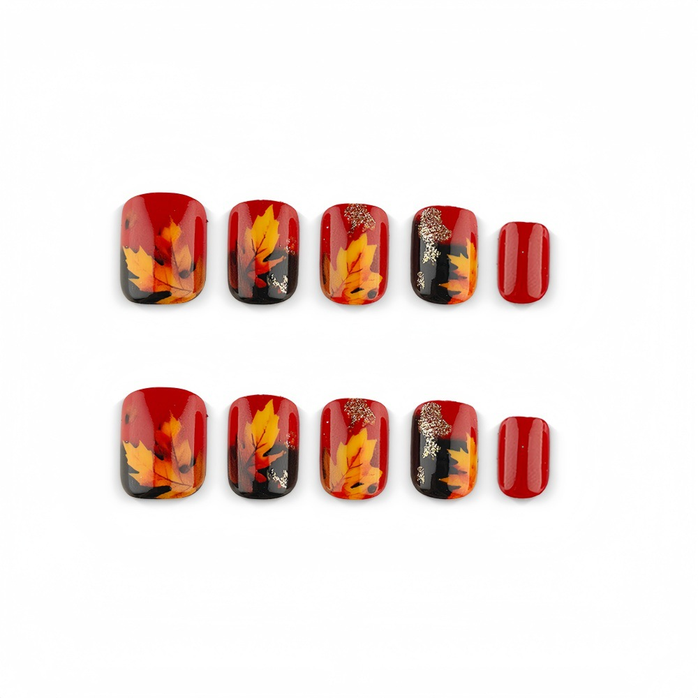 Autumn Maple Leaf Press-On Nails – Red Brown Gradient Short Square Set