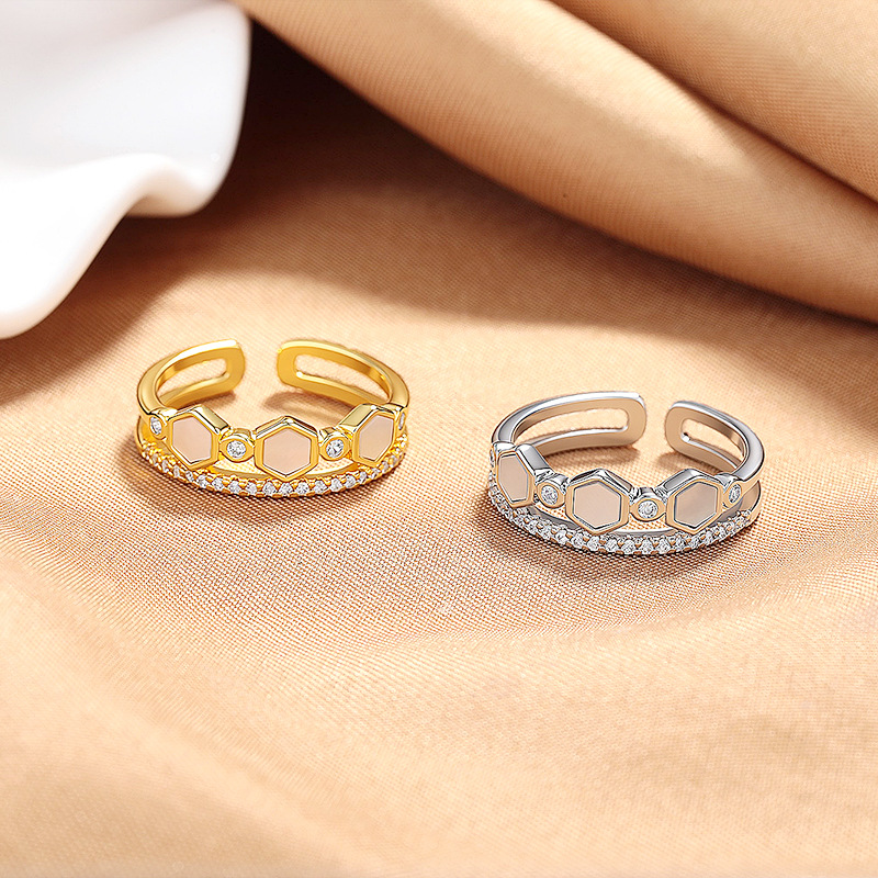 Hexagon Mother-of-Pearl Ring – Adjustable Open Ring