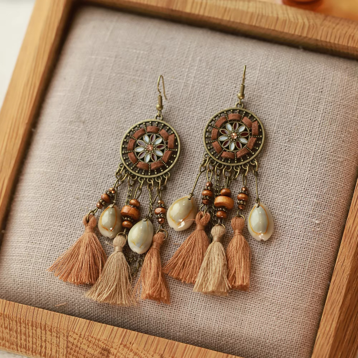Vintage Bronze Medallion Tassel Earrings – Shell & Bead Drop Earrings