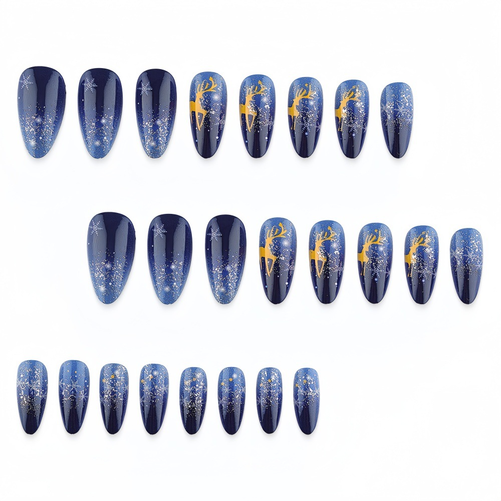 Christmas Reindeer Press-On Nails – Starry Night Blue Gradient Almond Set