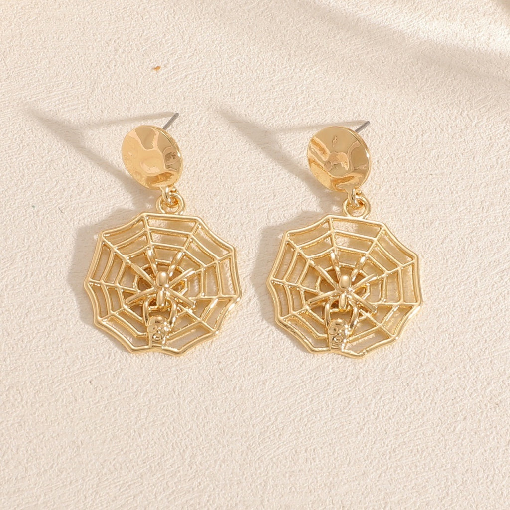 Spiderweb Halloween Earrings – Gold Spider & Skull Dangle Studs