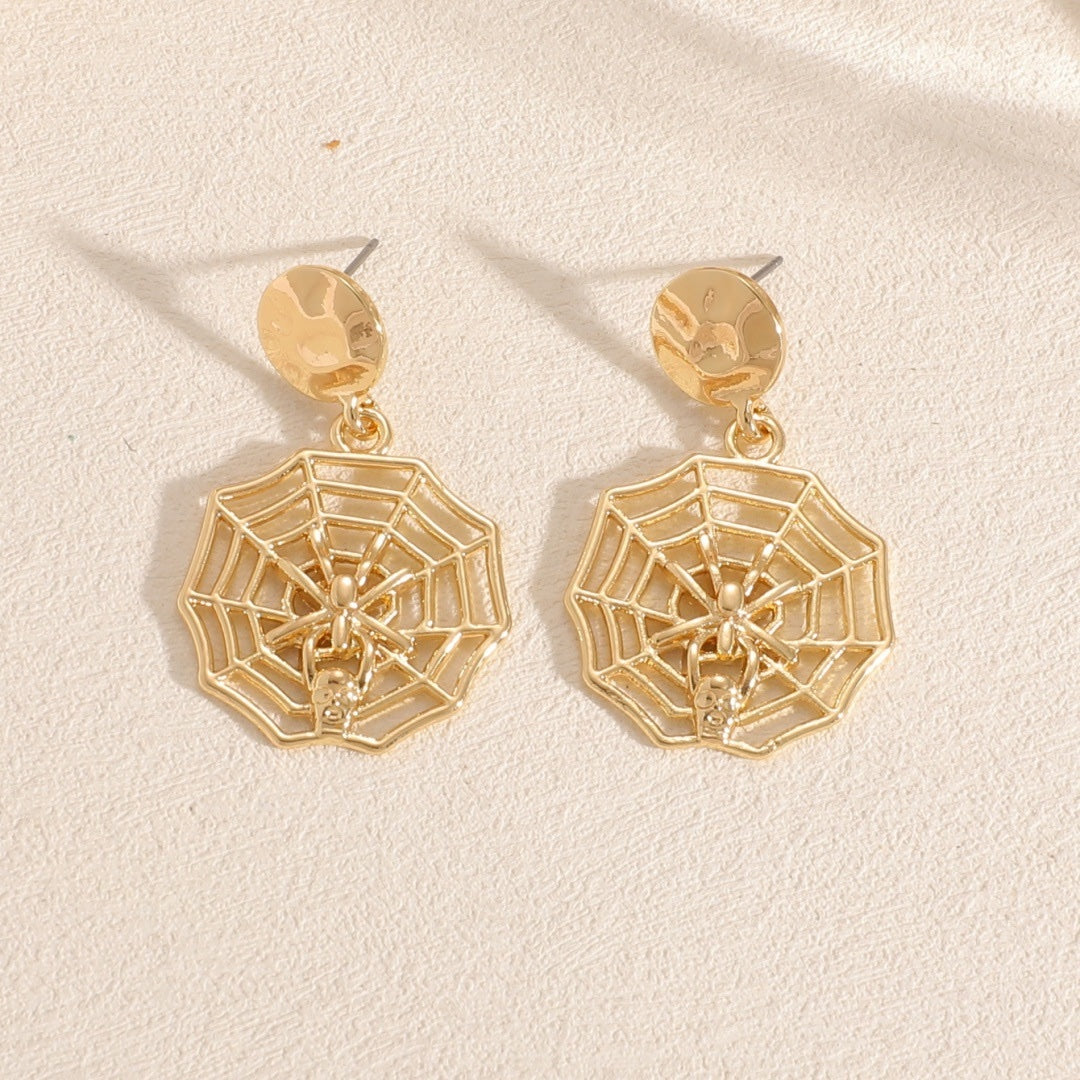 Spiderweb Halloween Earrings – Gold Spider & Skull Dangle Studs