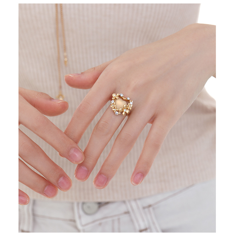 Heart Flower Resin Ring – Pink Floral Statement Ring in Silver