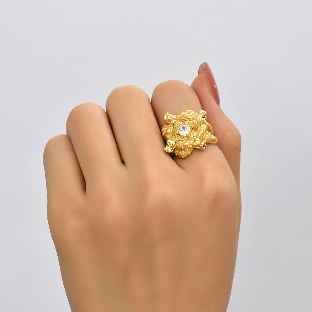 Gold Knot Zircon Ring – Chunky Hip-Hop Textured Statement Ring