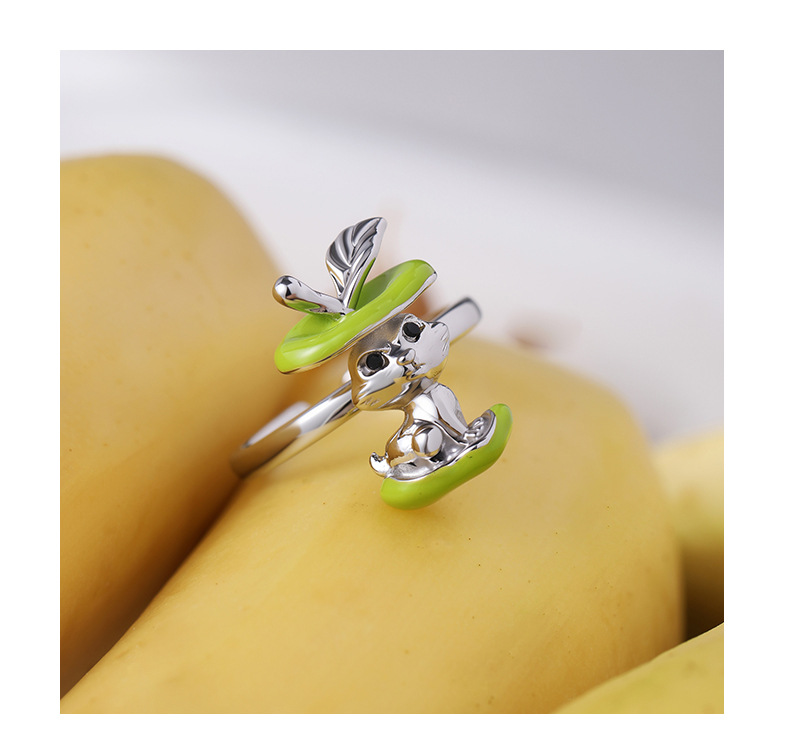 Apple Bunny Ring – Cute Green Apple & Rabbit Ring in Gold