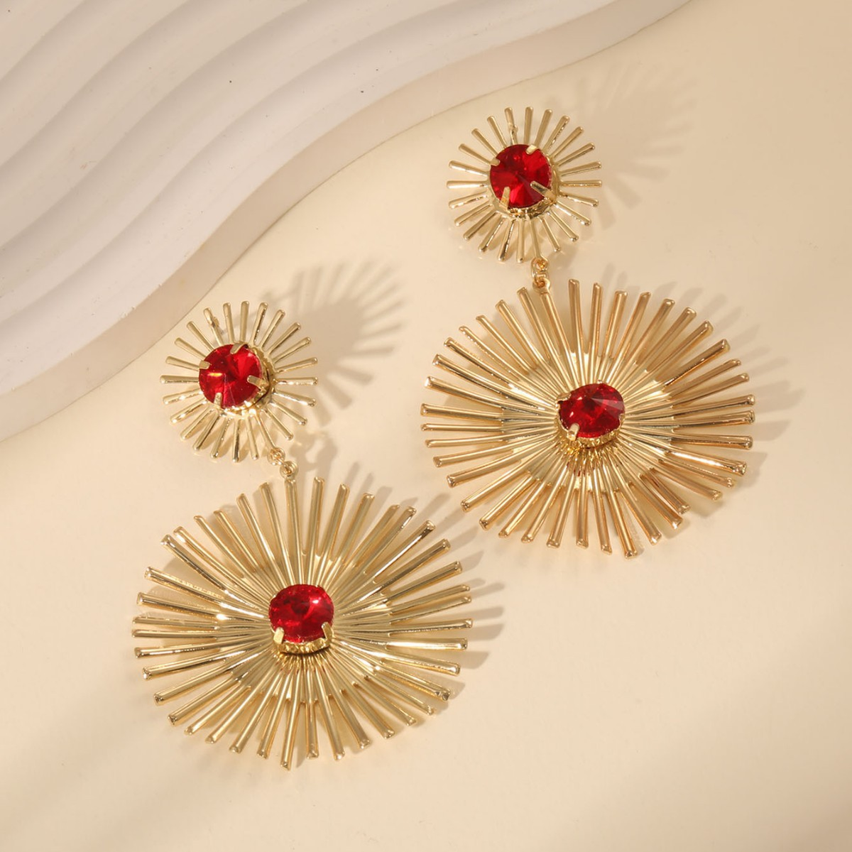 Gold Sunburst Statement Earrings – Geometric Crystal Drop Dangle Earrings