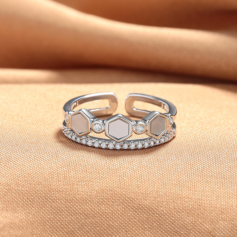 Hexagon Mother-of-Pearl Ring – Adjustable Open Ring