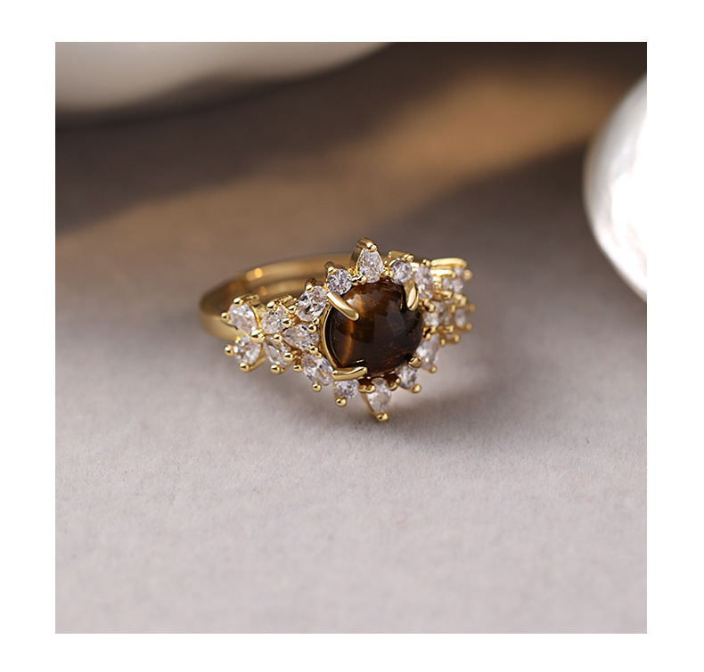 Court Tiger's Eye Halo Ring – Gold Vintage Zircon Statement Ring