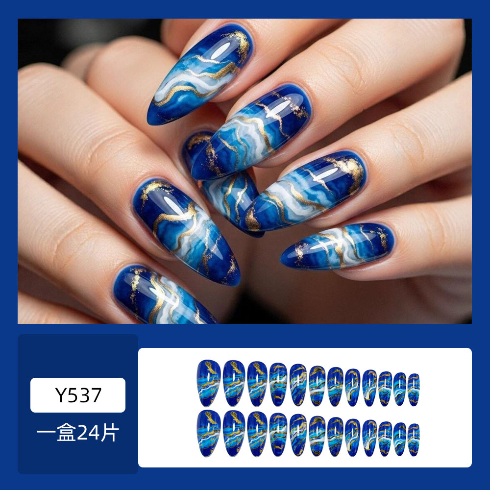 Ocean Blue Marble Press-On Nails – Deep Blue Gold Vein Almond Set, 24Pcs Fake Nails