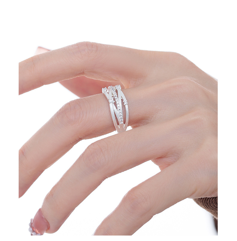 Silver Wide Band Ring – Multi-Layer Crisscross Zircon Ring