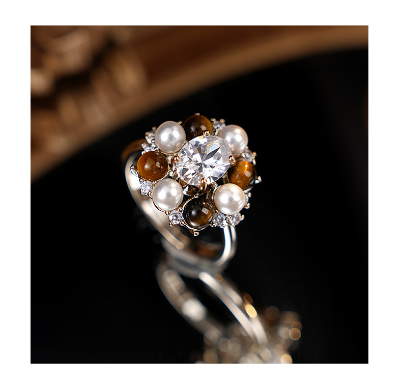 Tiger's Eye Flower Cluster Ring – Antique Bronze Pearl & Zircon Ring